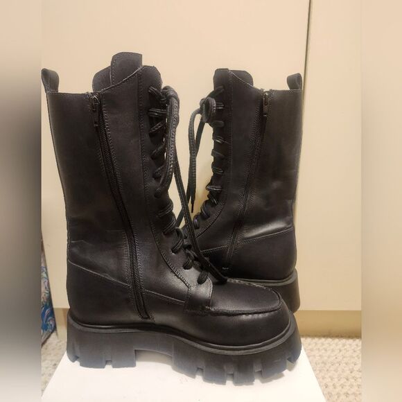 New Free People "Jones" Lug Sole Black Leather Lace-Up Combat Boots Sz.8.5 $278 - Picture 2 of 13